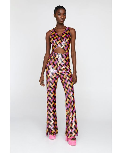 Nasty Gal Red Check Sequin Cut Out Flare Jumpsuit