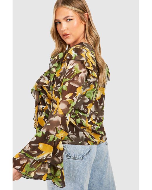 Boohoo Brown Plus Floral Extreme Ruffle Flare Sleeve Blouse