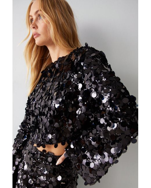 Warehouse Black Disc Textured Sequin Long Sleeve Top