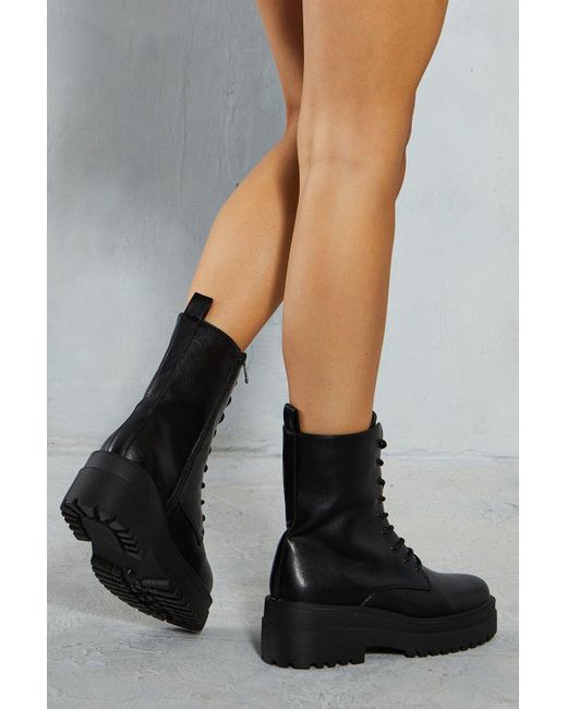 MissPap Black Leather Look Lace Up Boots