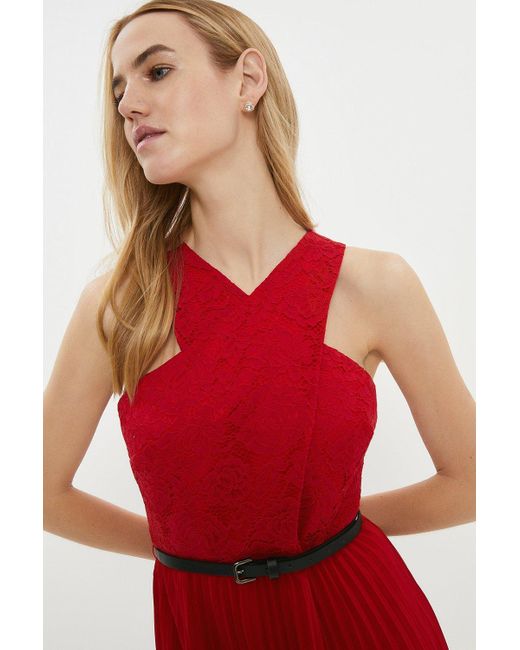 Coast Red Wrap Lace Bodice Pleated Skirt Midi Dress