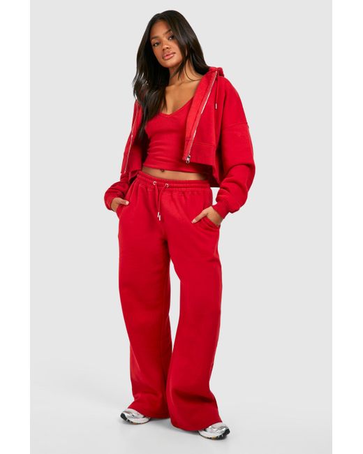Boohoo Red Ribbed V Neck Top 3 Piece Hooded Tracksuit