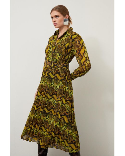 Karen Millen Green Snake Print Georgette Woven Shirt Midi Dress