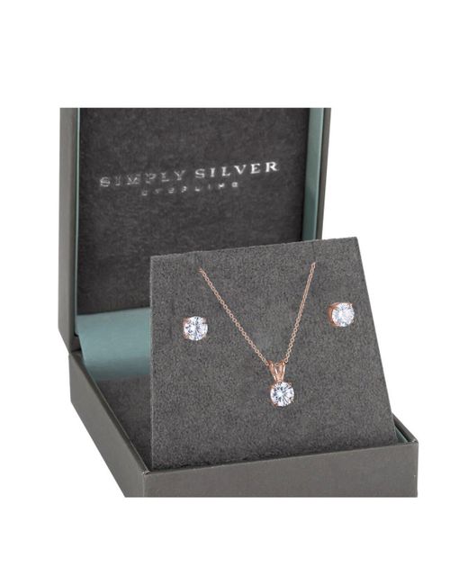 Simply Silver Metallic 14ct Rose Gold Plated Sterling Silver 925 Halo Jewellery Sets