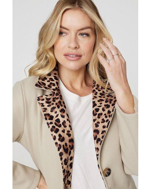 Izabel London Natural Leopard Print Collar Trench Coat