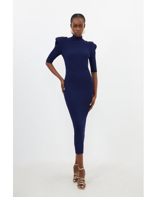 Karen Millen Blue Viscose Blend Rib Knit Power Shoulder Midaxi Dress