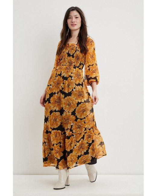 Dorothy Perkins Metallic Ochre Floral Square Neck Shirred Midi Dress