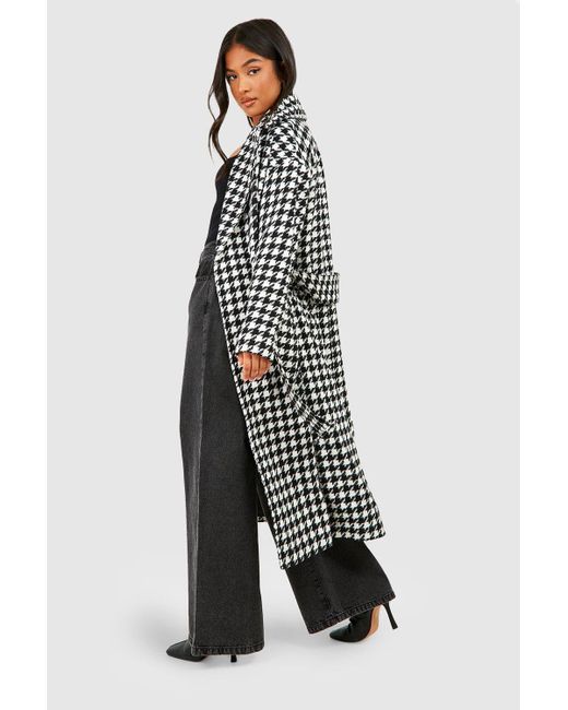 Boohoo Blue Petite Dogtooth Belted Wool Look Trench
