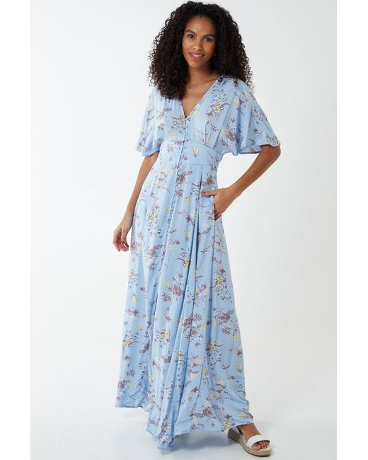 Blue Vanilla Blue Kimono Sleeve Button Through Maxi Dress
