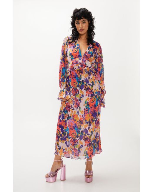 Nasty Gal Red Floral Print Pleated Maxi Dress
