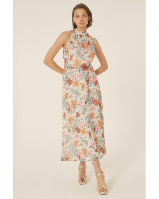 Oasis Natural Poppy Floral Printed Halter Midi Dress
