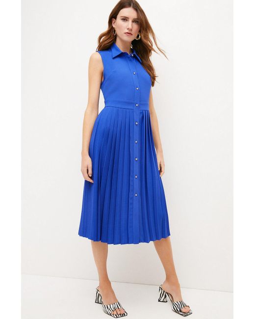Karen Millen Blue Soft Tailored Pleated Sleeveless Shirt Midi Dress