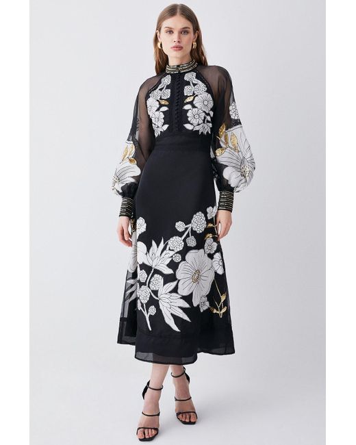 Karen Millen White Organdie Applique Buttoned Woven Midi Dress