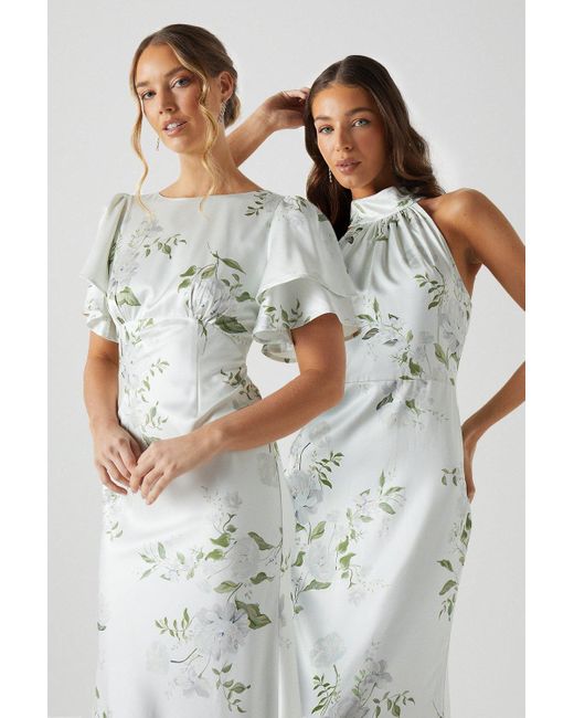 Coast White Dahlia Printed Angel Sleeve Satin Bridesmaids Dress