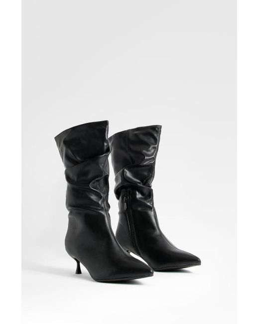 Boohoo Black Wide Fit Ruched Low Heel Knee High Boots
