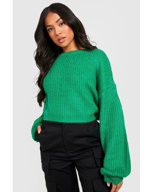 Boohoo Green Petite Knitted Crew Neck Long Sleeve Crop Sweater