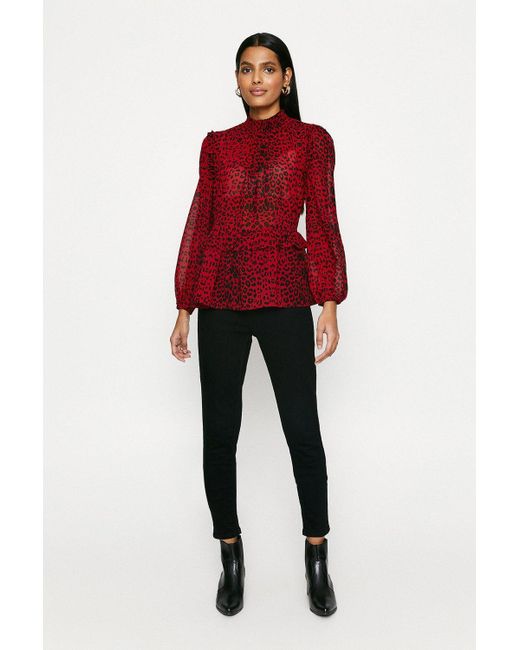 Oasis Red Animal Ruffle Blouse