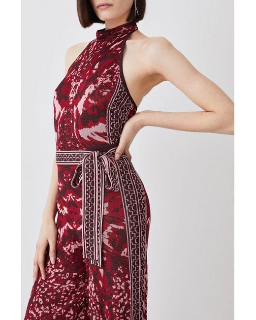 Karen Millen Red Petite Mirror Jacquard Knit Halterneck Jumpsuit