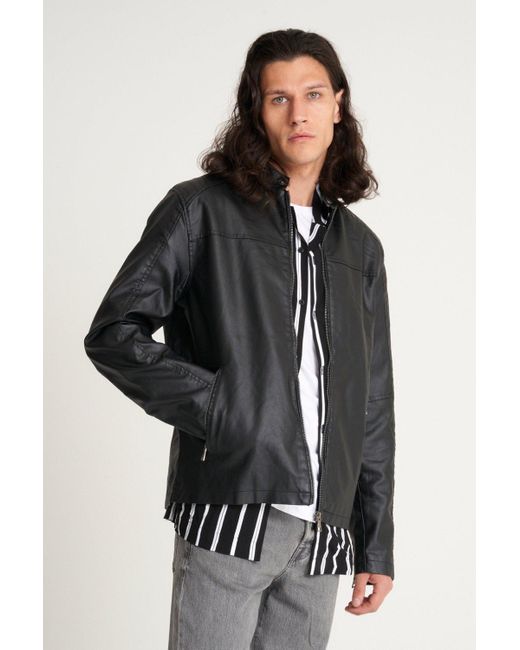 Barney's Originals Black Faux Leather Racer Jacket for men