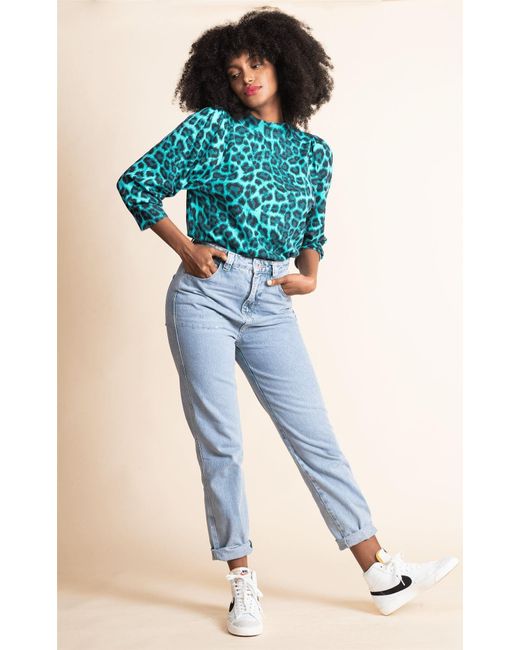 Dancing Leopard Blue Leela Leopard Print Knitted Jumper Soft 3/4 Sleeve Funnel Neck Top