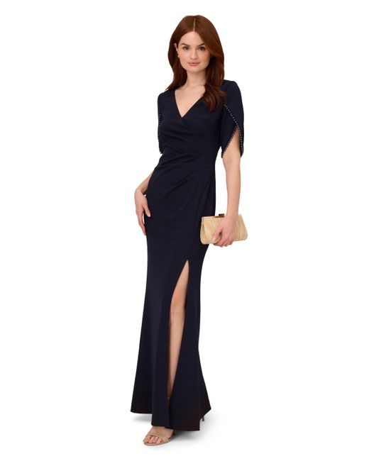 Adrianna Papell Blue Pearl Trim Knit Crepe Gown