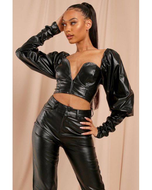 MissPap Black Leather Look Extreme Puff Shoulder Crop Top