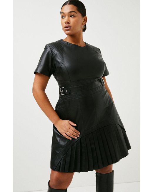 Karen Millen Black Plus Size Leather Military Pleated Mini Dress