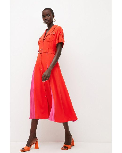 Karen Millen Soft Tailored Pleated Colourblock Shirt Midi Dress