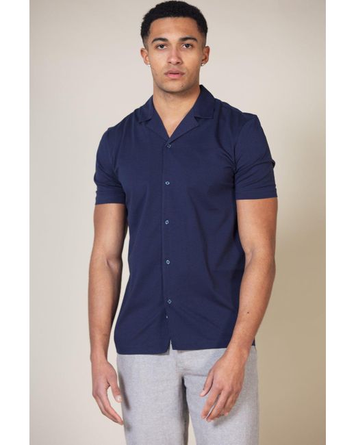 Nines Blue Cotton Short Sleeve Button-up Shirt for men