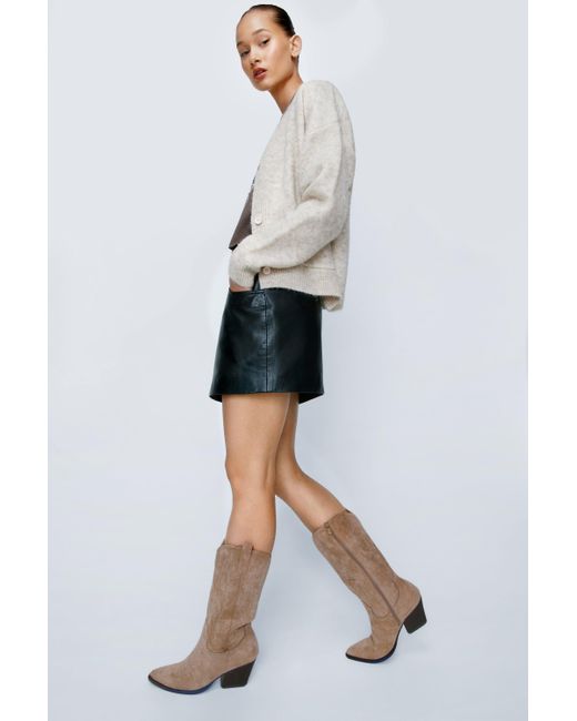 Nasty Gal Natural Faux Suede Knee High Western Boots
