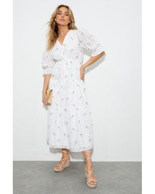 Dorothy Perkins White Lilac Embroidered Broderie Midi Shirt Dress