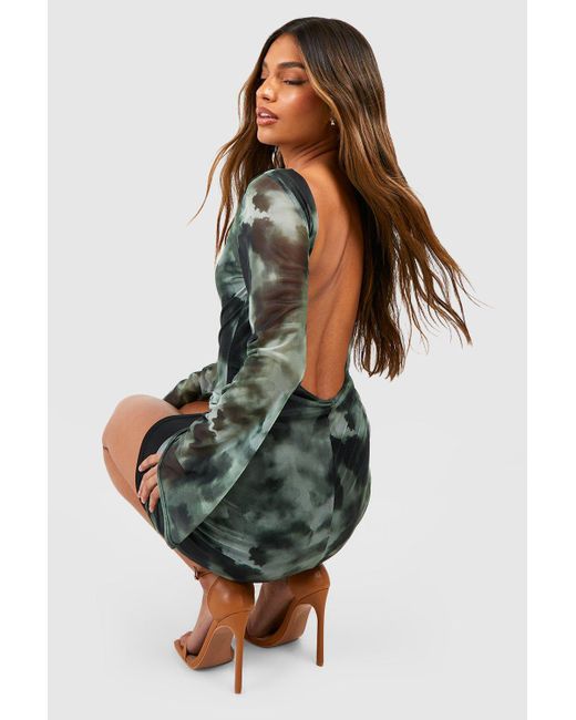 Boohoo Green Tie Dye Open Back Flare Sleeve Mini Dress