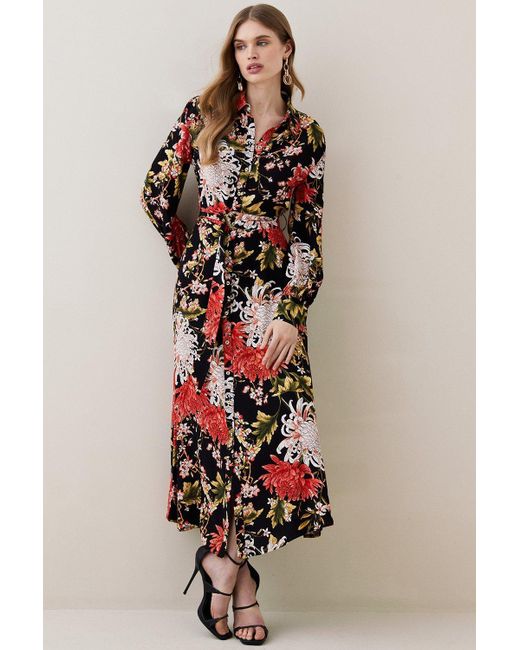 Karen Millen Multicolor Tall Floral Belted Woven Midi Shirt Dress