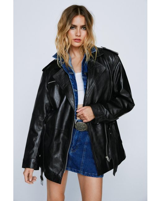 Nasty Gal Blue Real Leather Zip Detail Longline Belted Jacket