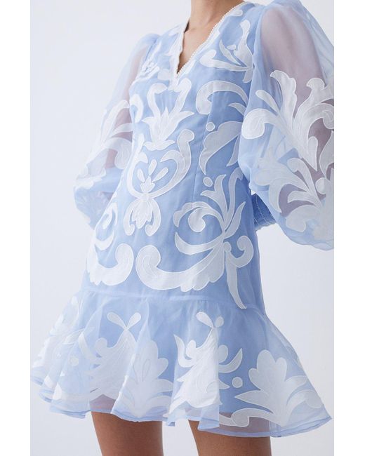 Karen Millen Blue Petite Applique Organdie Buttoned Woven Mini Dress