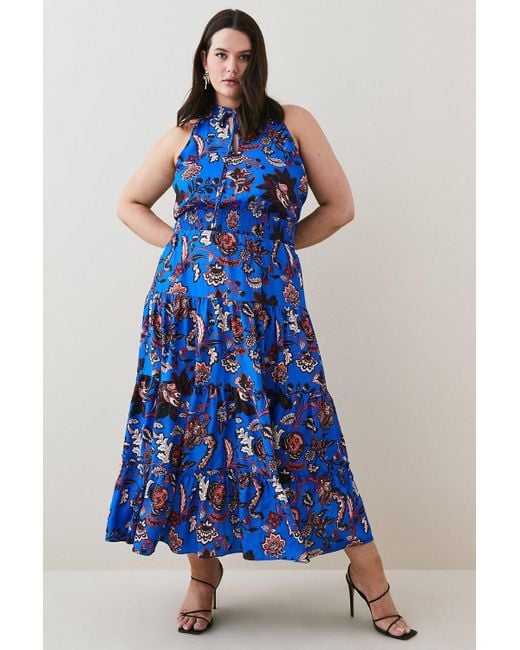 Karen Millen Blue Plus Size Floral Shirred Woven Maxi Dress