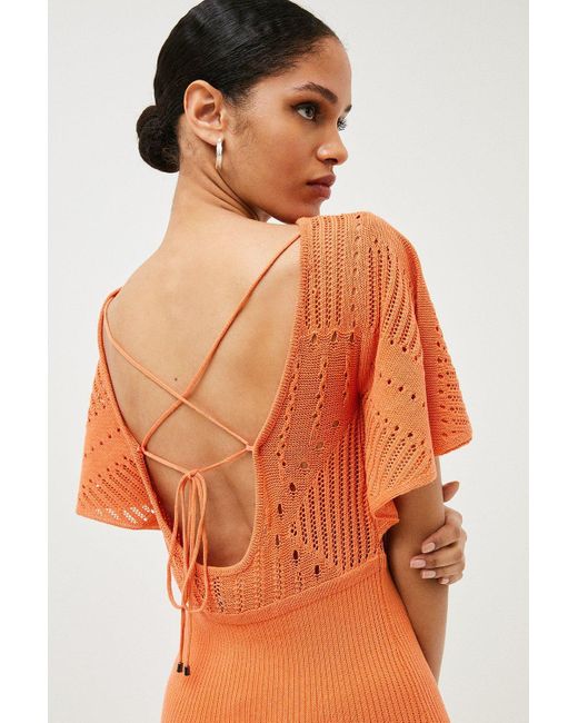 Karen Millen Orange Crochet Knit Cross Back Detail Midi Dress