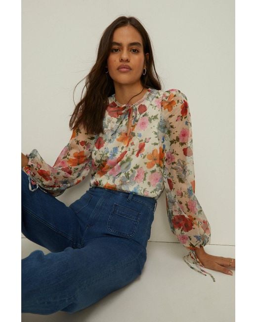 Oasis Blue Poppy Floral Printed Tie Keyhole Blouse