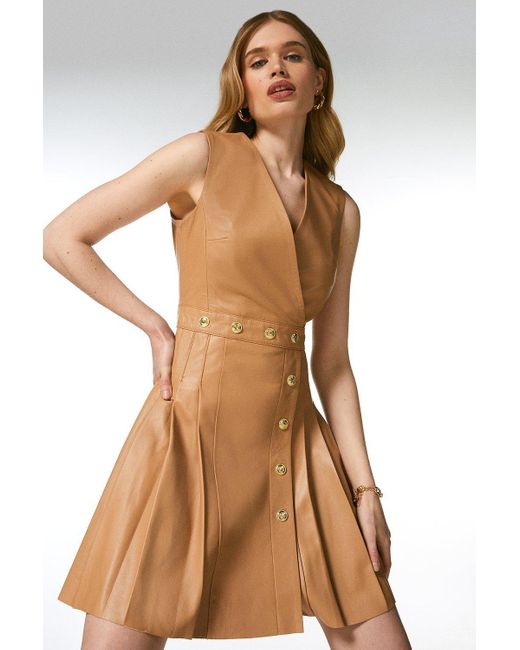 Karen Millen Brown Leather Pleated Button Waist Mini Dress