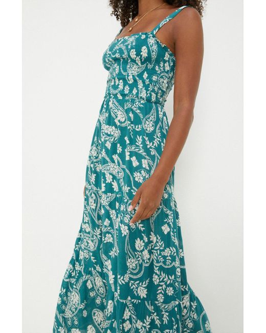 Dorothy Perkins Blue Tall Green Paisley Print Shirred Strappy Midi Dress
