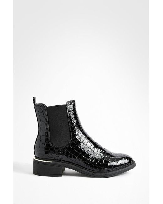 Boohoo Black Croc Patent Chelsea Boots