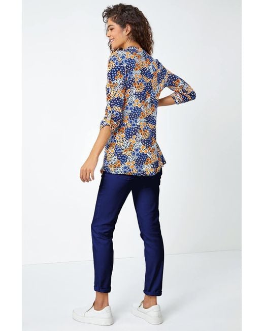 Roman Blue Ditsy Floral Pintuck 3/4 Sleeve Jersey Shirt