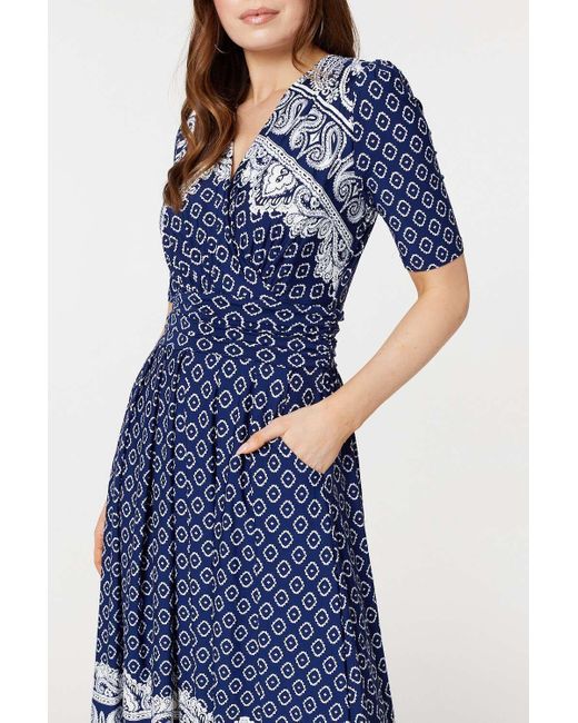 Izabel London Blue Printed 1/2 Sleeve Midi Dress