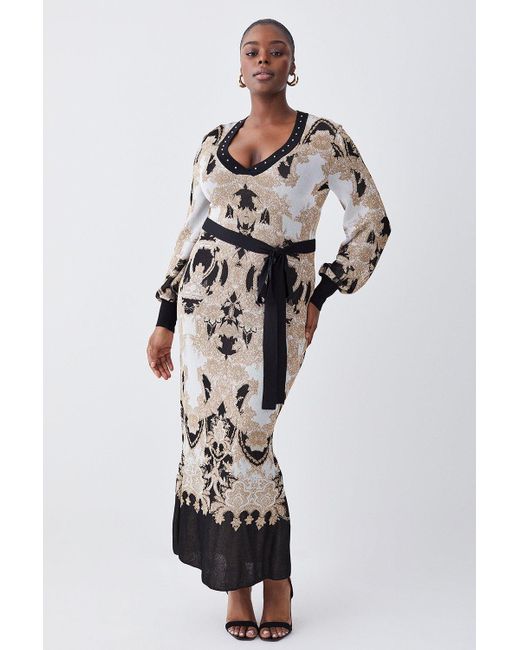 Karen Millen White Plus Size Slinky Sparkle Knit Jacquard Dress