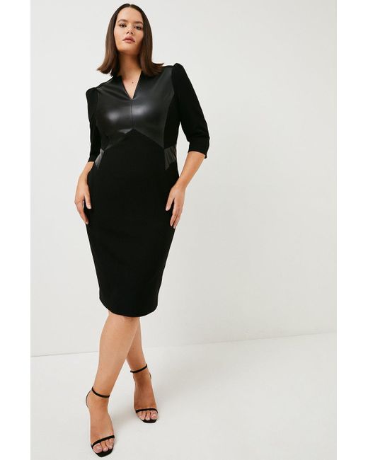 Karen Millen Black Plus Size Structured Crepe And Pu Forever Midi Dress