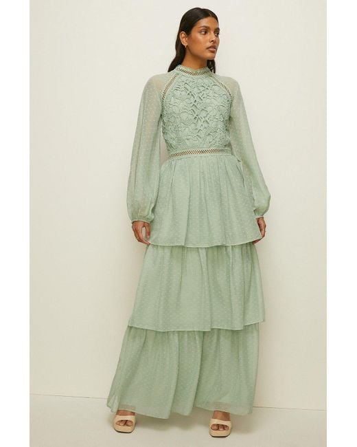 Oasis Green Lace Balloon Sleeve Tiered Maxi Dress