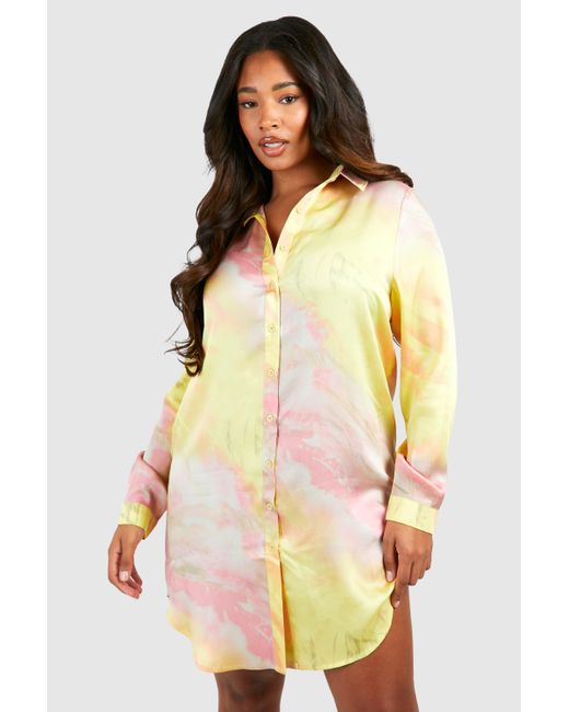 Boohoo Multicolor Plus Ombre Satin Print Shirt Dress