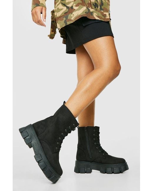 Boohoo Black Wide Fit Chunky Sole Lace Up Hiker Boots