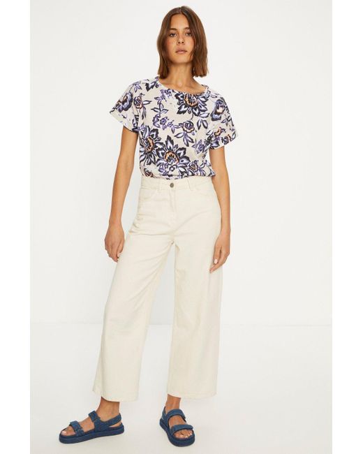 Oasis White Essential Cotton Floral Roll Sleeve Slub T-shirt