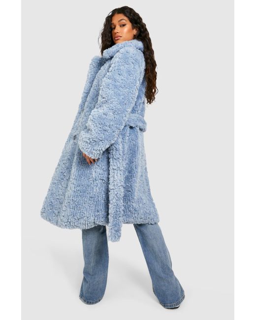 Boohoo Blue Textured Faux Fur Belted Coat